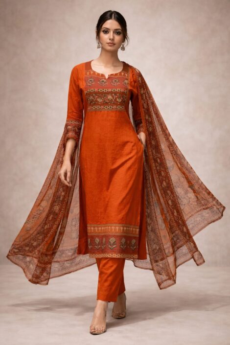 Women Rust Orange Printed Kurti Set with Dupatta Front View