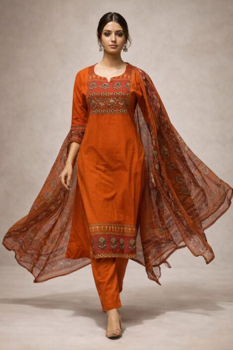 Rust Aura Embroidered Kurti Set