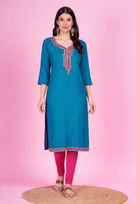 Turquoise Blue Embroidered Kurti for Women