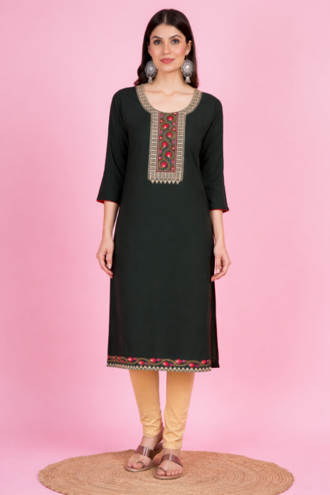 Dark green embroidered straight kurti for women front pose with detailed neckline