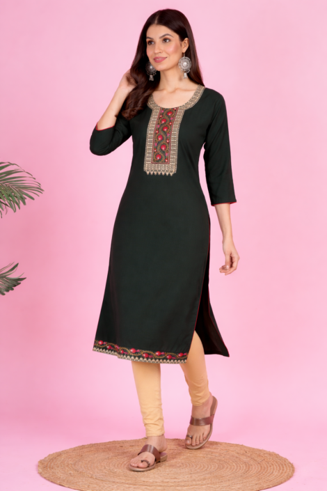 Dark Green Embroidered Kurti Front View