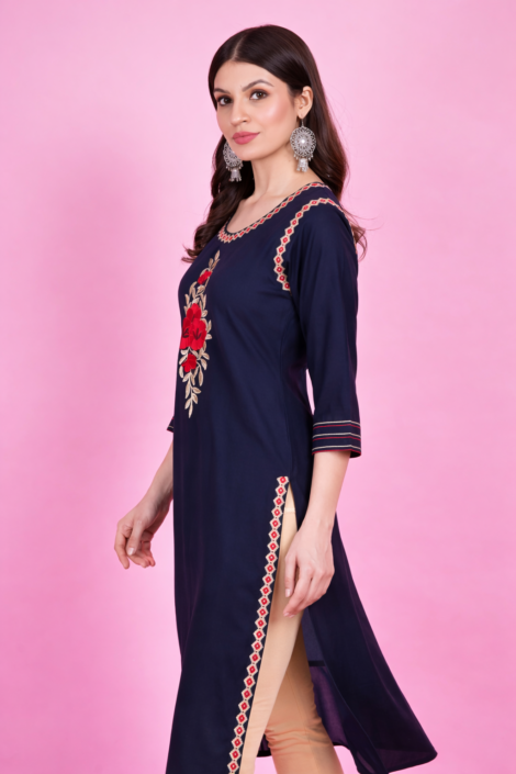 “Women Navy Blue Embroidered Straight Kurti with Floral Design”