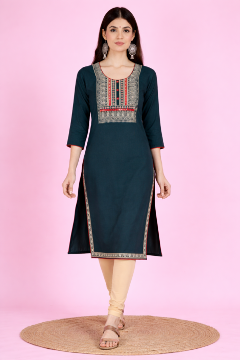 Teal Green Embroidered Straight Kurti