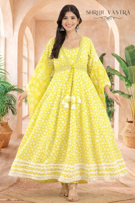 Yellow Floral Anarkali Kurti for Women