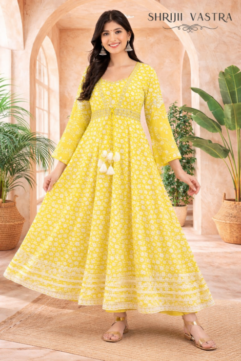 Yellow Floral Anarkali Kurti Neckline Embroidery Detail