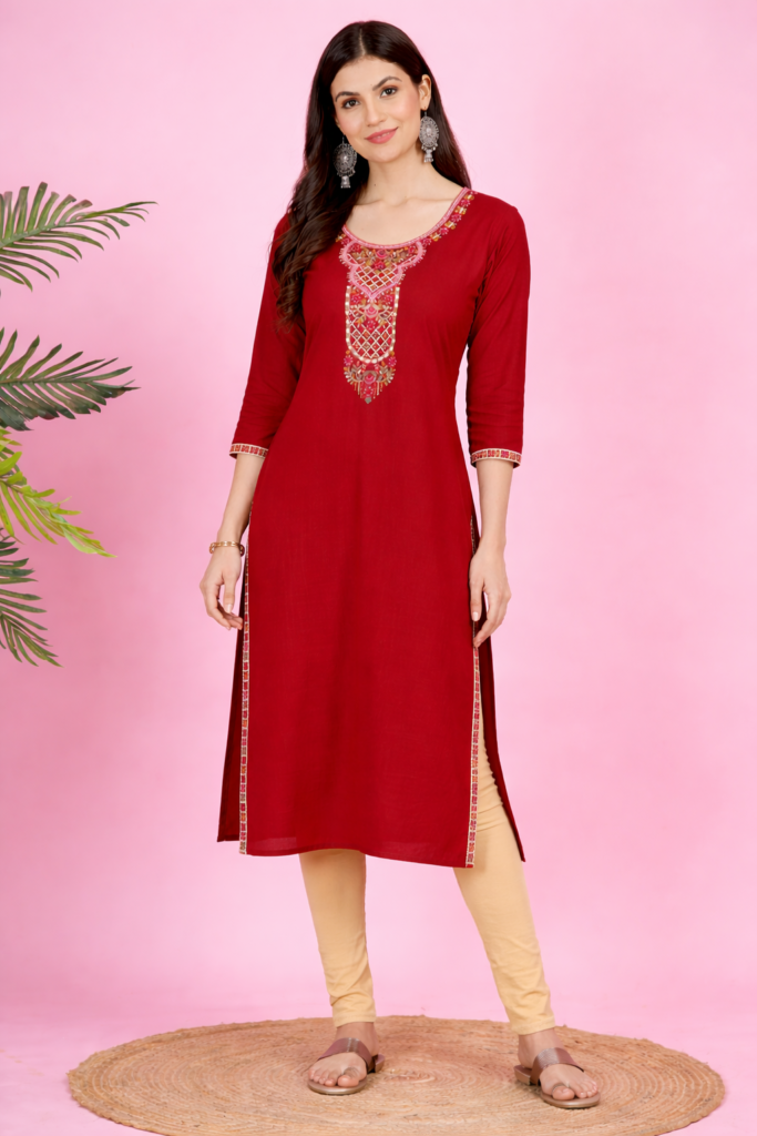Red Embroidered Women's Kurti
