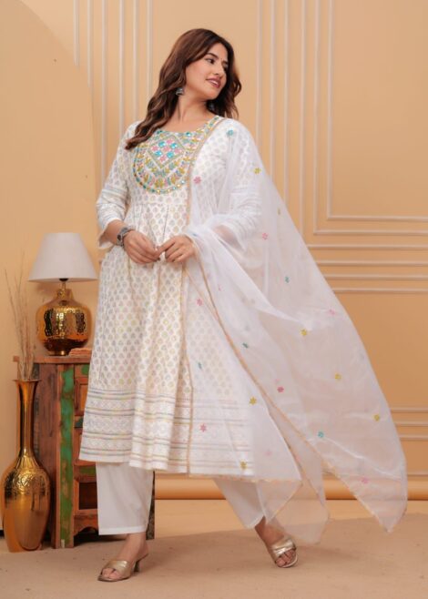 White Embroidered Anarkali Suit with Dupatta for Festive Wear