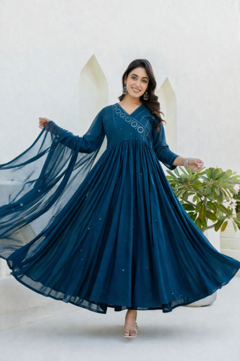 Teal Blue Anarkali Kurti Set with Dupatta for Women Festive Wear