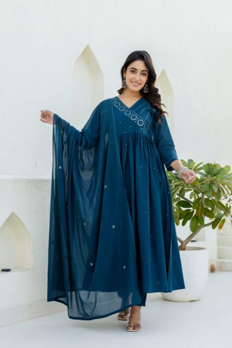 Teal Blue Anarkali Kurti Set with Dupatta for Women Festive Wear