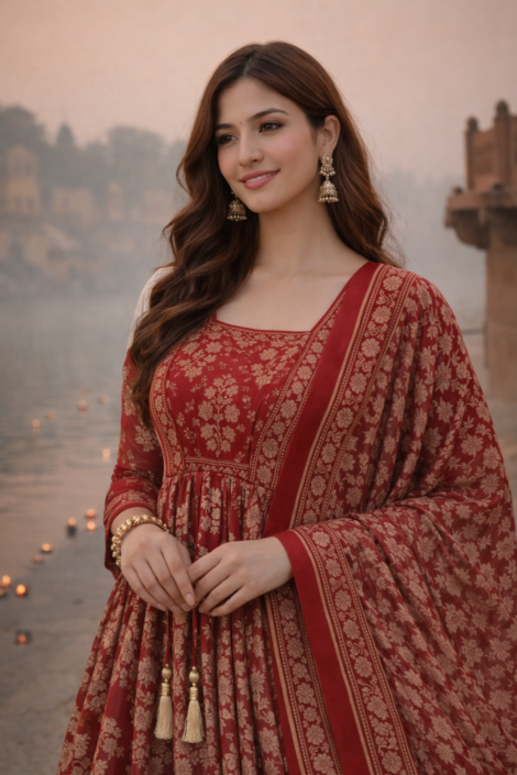 Red Anarkali Kurti Set with Dupatta