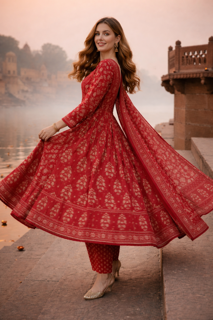 Red Anarkali Kurti Set with Dupatta