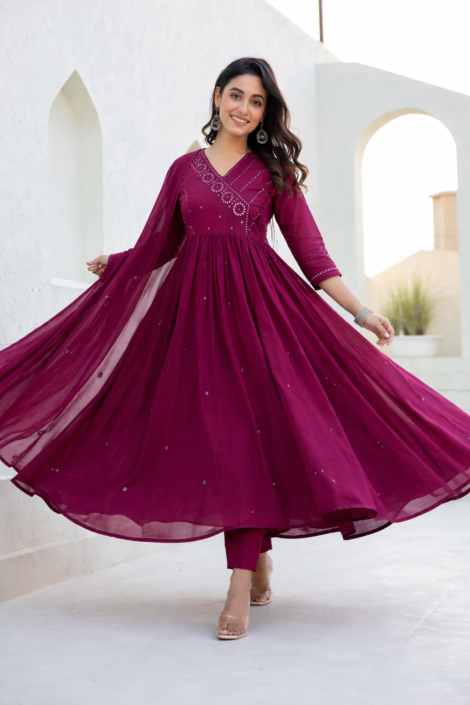 wine anarkali kurti set