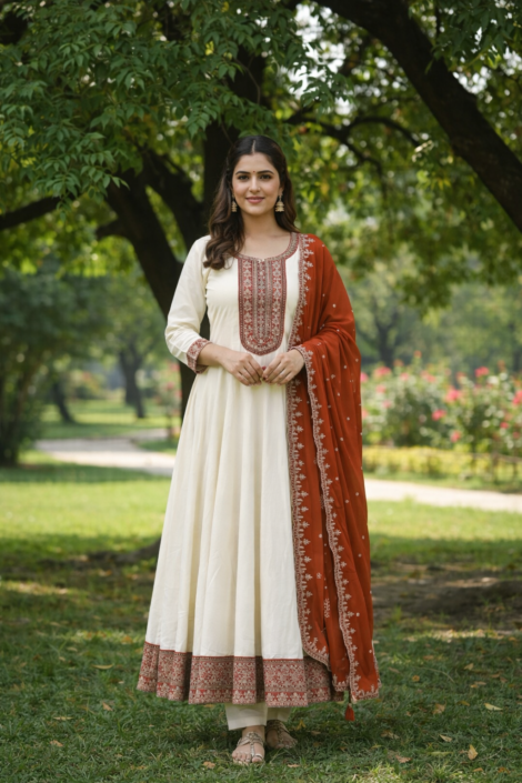 off white anarkali kurti set for women
