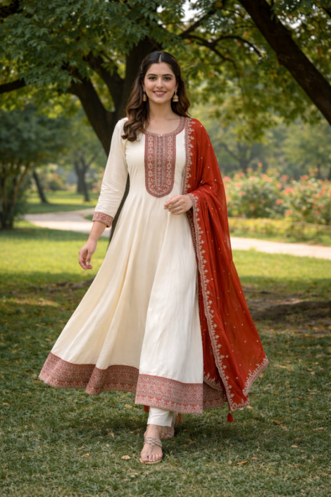 off white anarkali kurti set for women