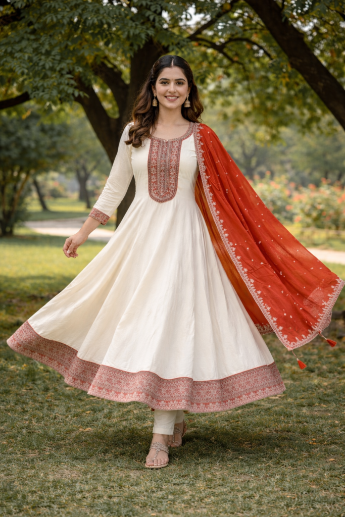 off white anarkali kurti set for women