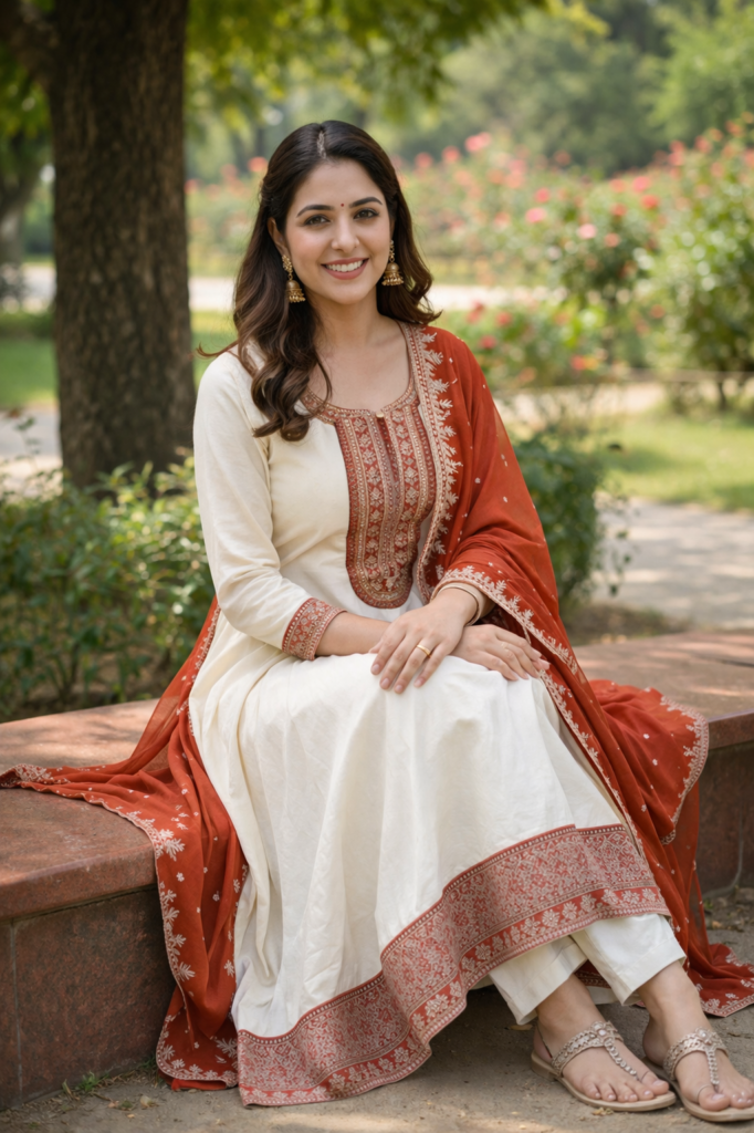 off white anarkali kurti set for women