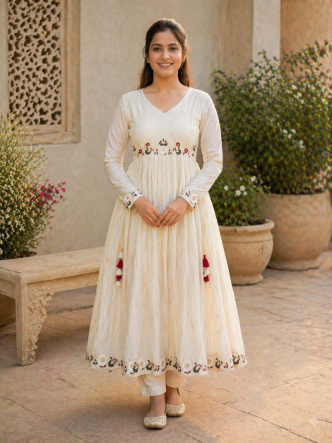 White Anarkali Kurta Set for Women