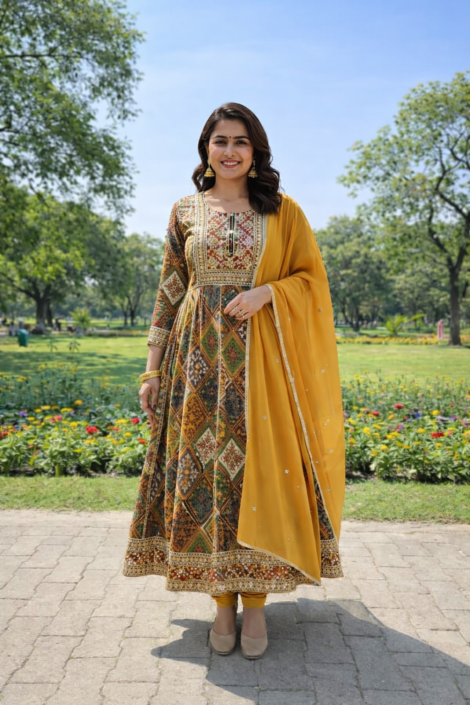 mustard anarkali kurti set