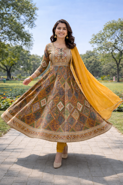 mustard anarkali kurti set