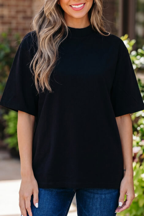 Black Solid Color High Neck Oversize Tee